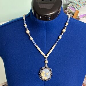Elegant Blue and White Hummingbird Cameo Necklace